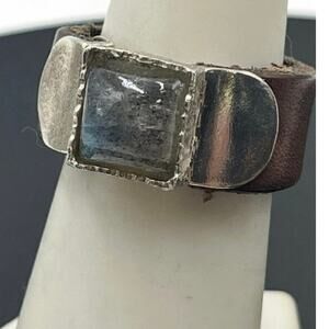 Yam Designer Signed Sterling Silver 10mm Labradorite Leather‎ Band Ring Size 7.5